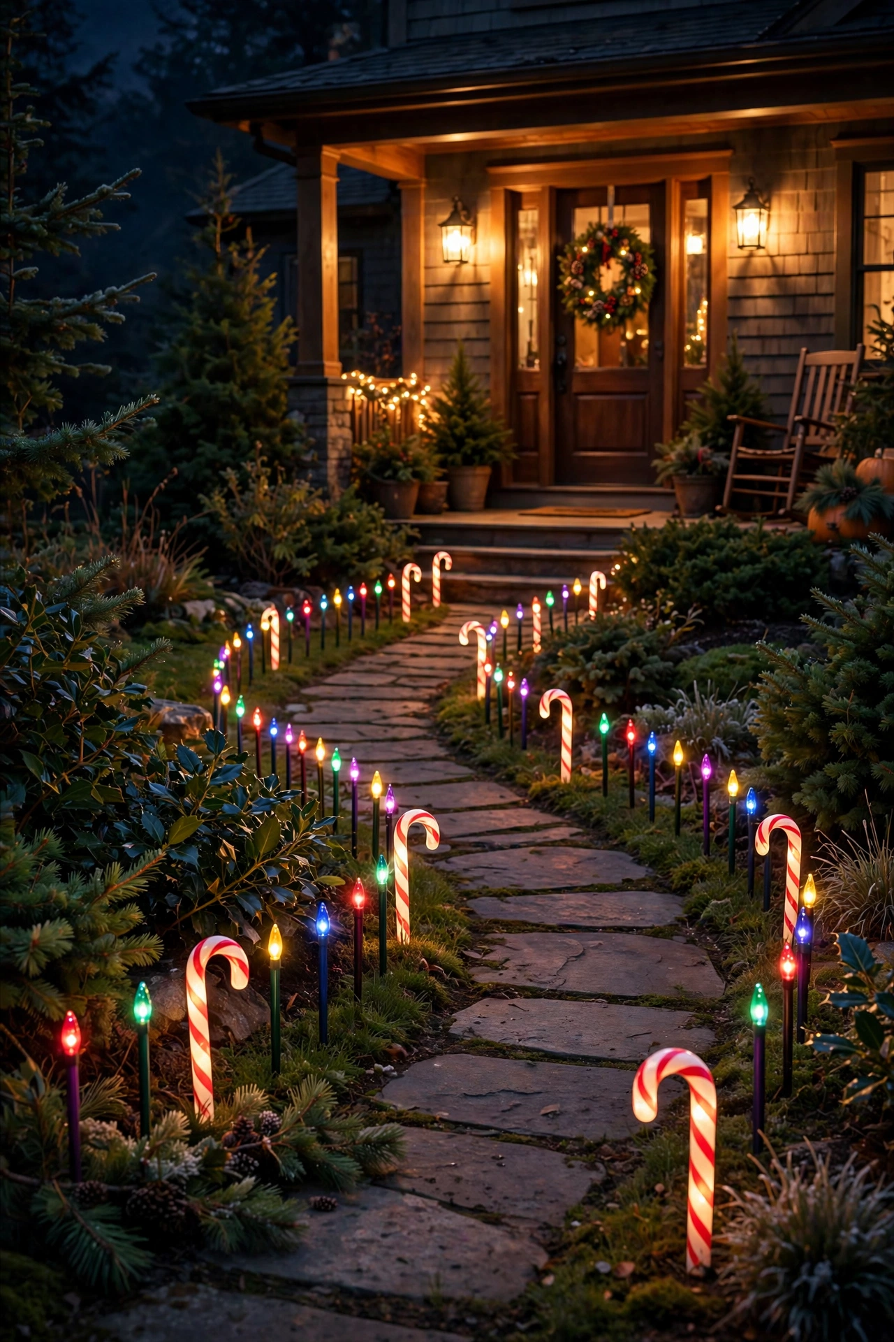 Multicolor light stakes guiding the way to a glowing porch.