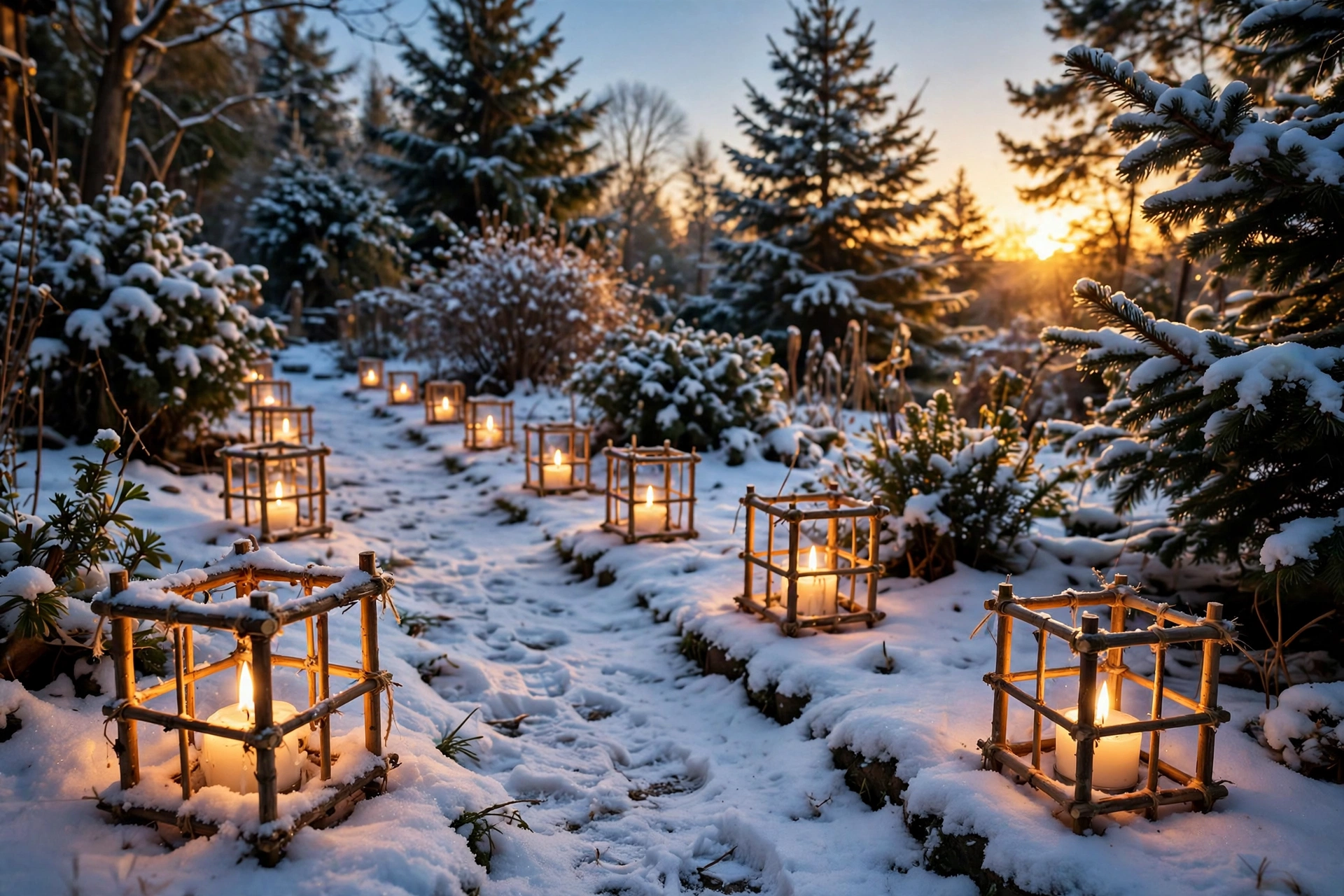 DIY christmas pathway lights — twig-wrapped jars and wooden cube lanterns marking a snowy path